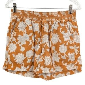 Boho Floral Linen Blend Pull On Shorts Smocked Waist Pockets Size S